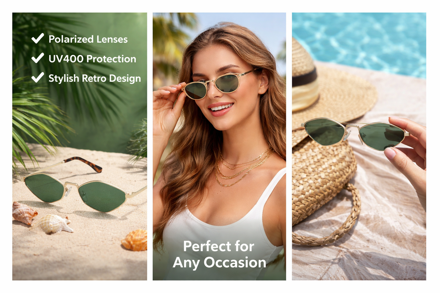 SOJOS Retro Small Polarized Sunglasses Womens Mens Vintage Narrow Irregular Shades UV400 SJ1233 with Gold/Green Lens