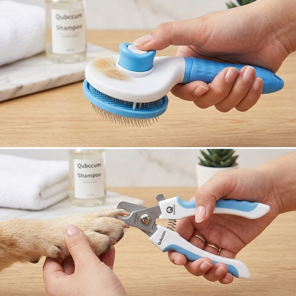 Qubccum 7pcs Pet Grooming Kit Self-Cleaning Brush Shedding Kit with Nail Clipper Flea Comb Shampoo Bath Brush Finger Toothbrush Storage Bag (Blue)