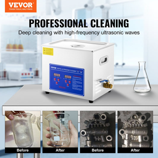 VEVOR Professional Ultrasonic Cleaner, 10L Ultrasonic Jewelry Cleaner With Digital Timer & Heater, Stainless Steel Industrial SonicCleaner 40kHz For Glasses, Watches, Rings, Small Parts