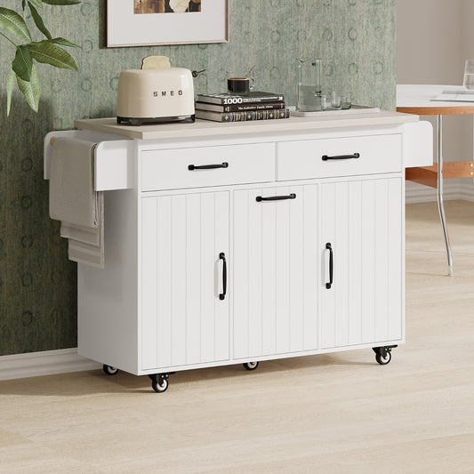 K K Kitchen Island With Trash Can Storage Cabinet, Kitchen Cart With Drop Leaf, Spice Rack, Towel Ra
