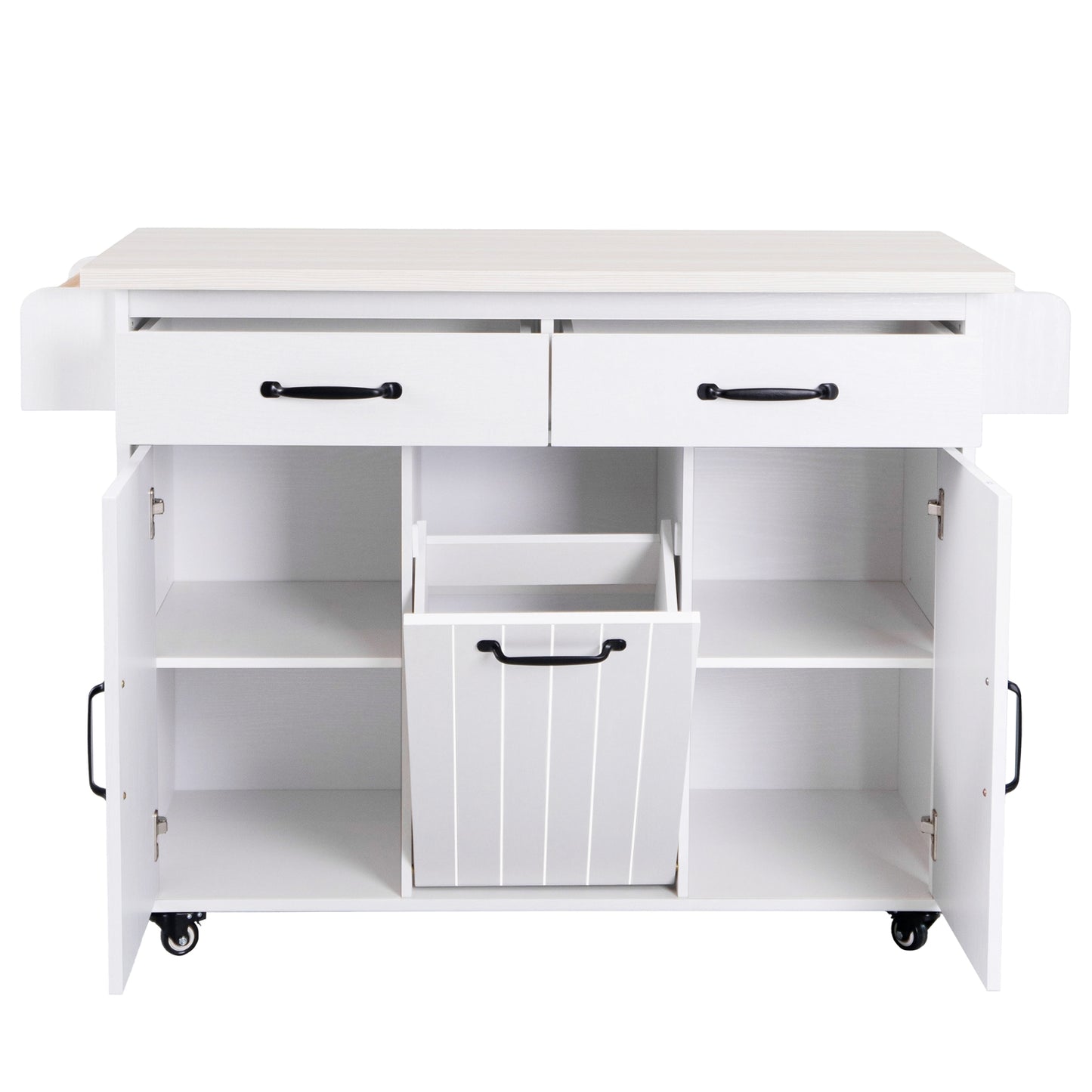 K K Kitchen Island With Trash Can Storage Cabinet, Kitchen Cart With Drop Leaf, Spice Rack, Towel Ra