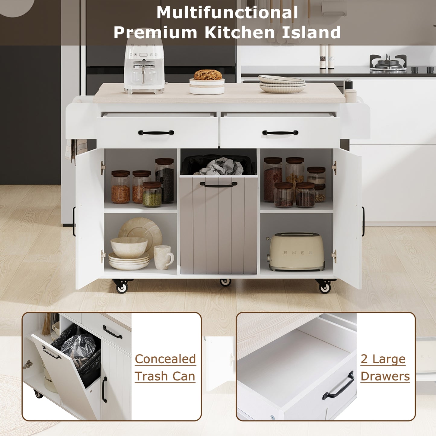 K K Kitchen Island With Trash Can Storage Cabinet, Kitchen Cart With Drop Leaf, Spice Rack, Towel Ra
