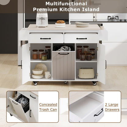 K K Kitchen Island With Trash Can Storage Cabinet, Kitchen Cart With Drop Leaf, Spice Rack, Towel Ra