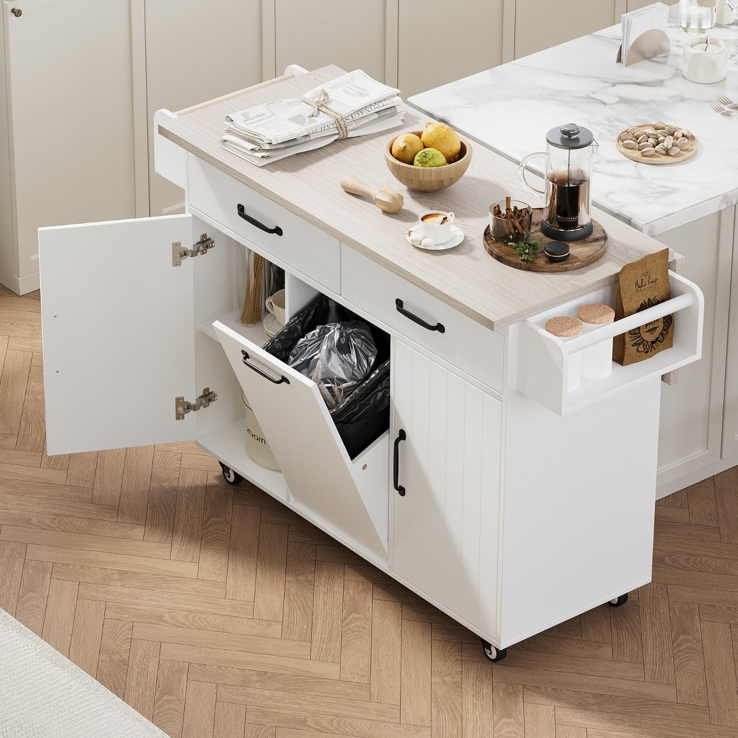 K K Kitchen Island With Trash Can Storage Cabinet, Kitchen Cart With Drop Leaf, Spice Rack, Towel Ra