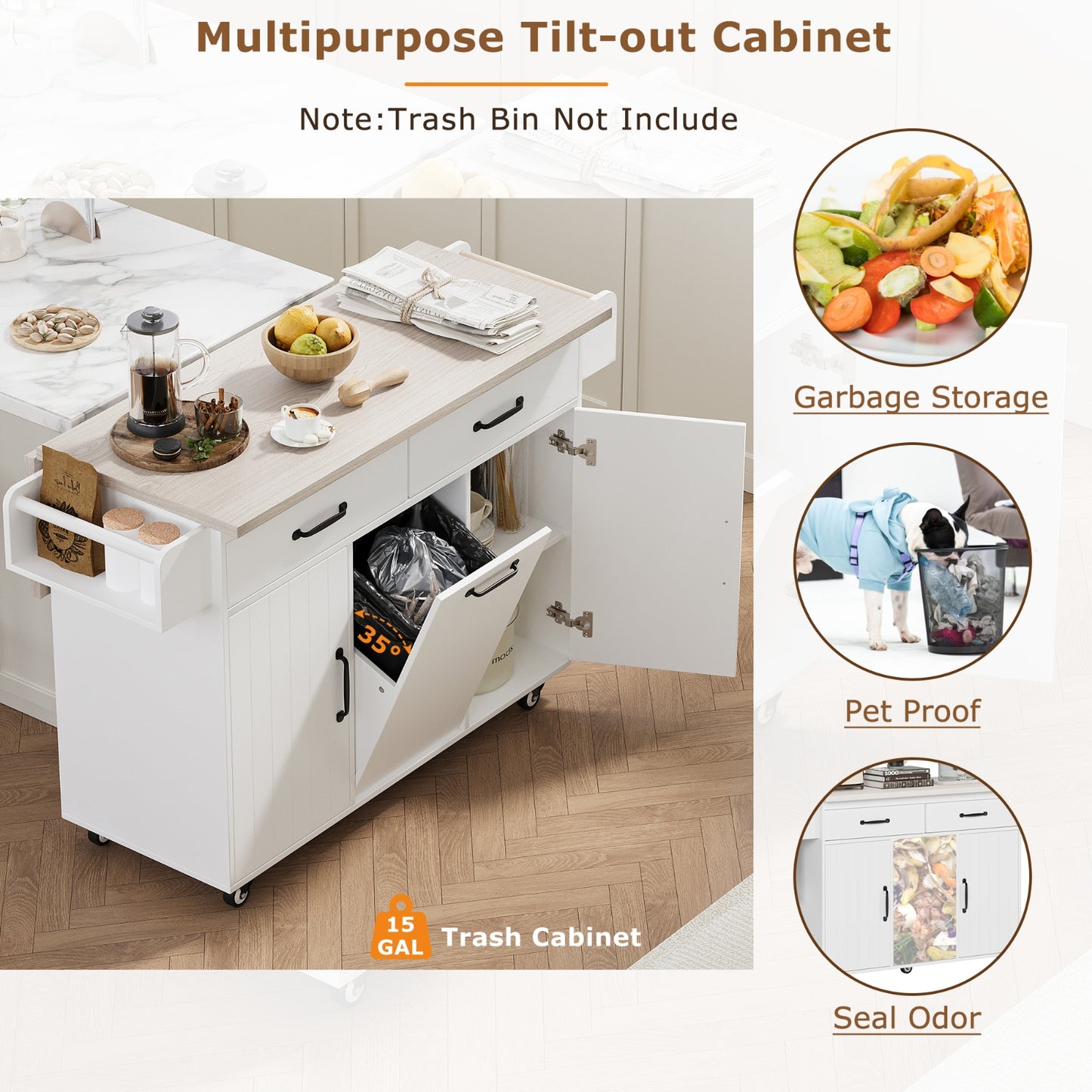 K K Kitchen Island With Trash Can Storage Cabinet, Kitchen Cart With Drop Leaf, Spice Rack, Towel Ra