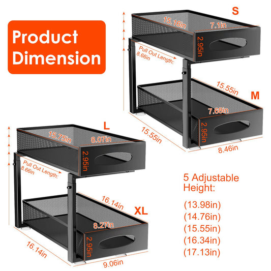 2Pcs Under Sink Organizer 2 Tier Pull Out Cabinet Baskets Storage Shelf Sliding Storage Drawers Rack With 5 Adjustable Height Mesh Baskets For Home Kitchen Bathroom Office