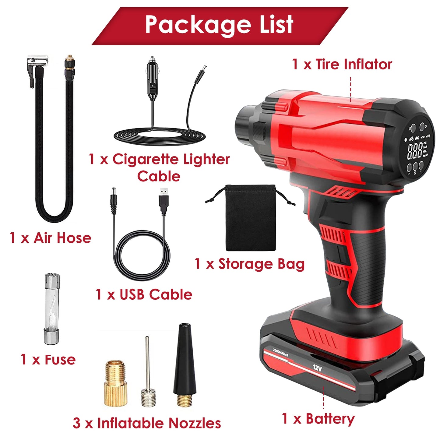 1Pc 150PSI Cordless Car Tire Inflator Rechargeable  2V Portable Electric Air Compressor With LED Light For Car Bike Motorcycle Ball