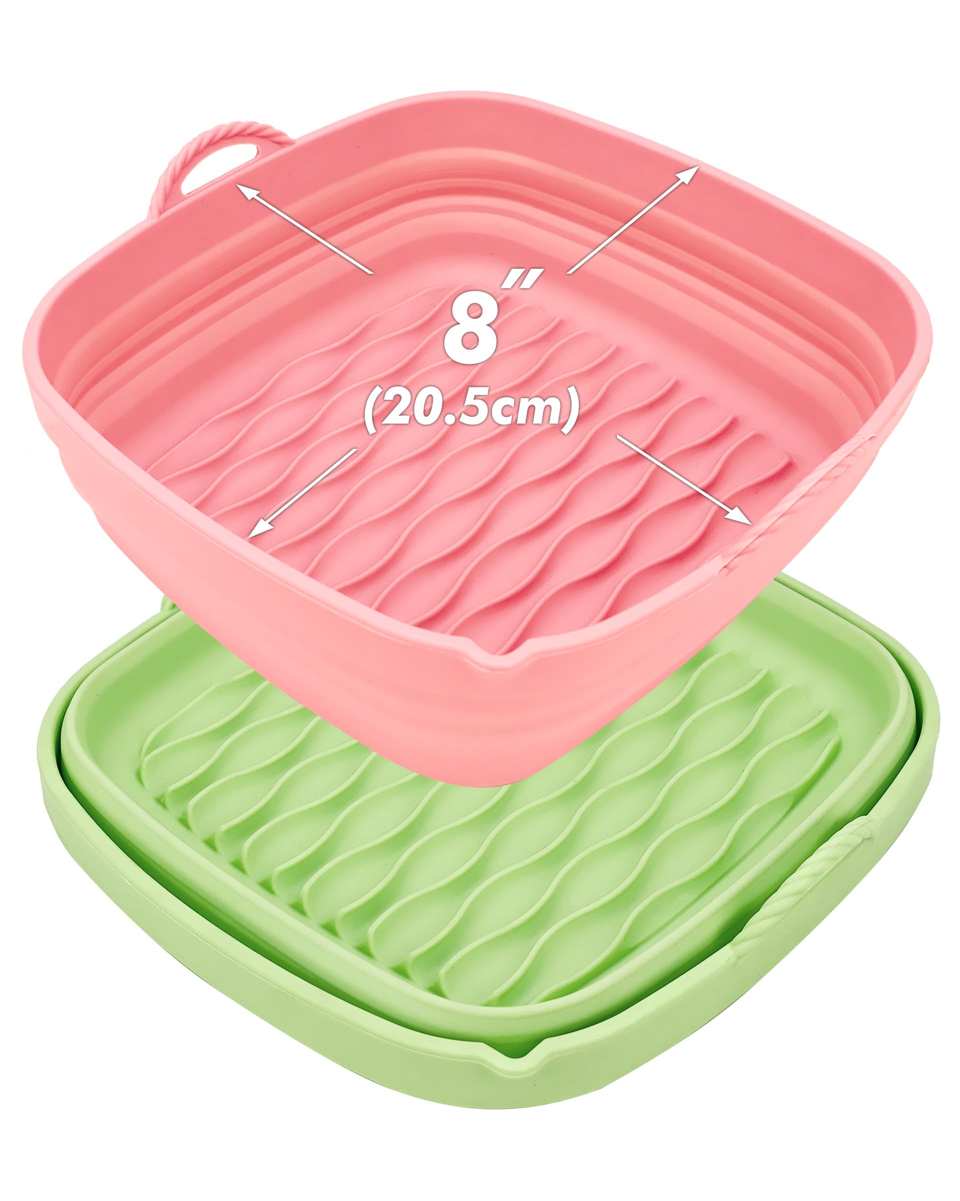 Reusable air fryer silicone liners 2-pack, pink and green 8-inch square non-stick