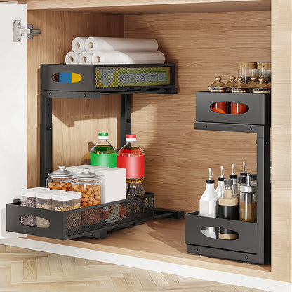 2Pcs Under Sink Organizer 2 Tier Pull Out Cabinet Baskets Storage Shelf Sliding Storage Drawers Rack With 5 Adjustable Height Mesh Baskets For Home Kitchen Bathroom Office