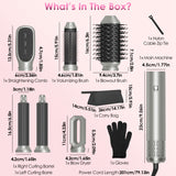 1Pc 6 In 1 Hot Air Styler Volumizer Straightener Curler Dryer Automatic Wrap Styler Hair Dryer Brush Set With 3 Temp Settings ALCI Plug Glove Cable Zip Tie