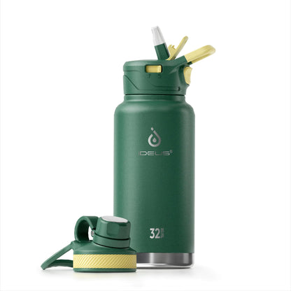 IDEUS Vacuum Insulated Water Bottle 32 oz Stainless Steel Water Bottles with Straw and Spout Lid Reusable Metal Water Bottle Leak Proof Gym Water Bottle BPA-Free(Green)