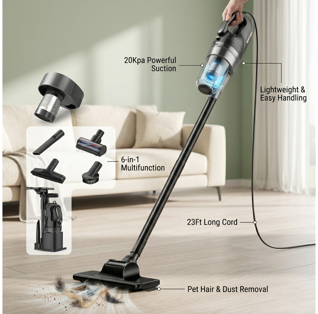 SOWTECH Corded Stick Vacuum Cleaner 20Kpa Powerful Suction Stick Vacuum with 23Ft Cord 6 in 1 Lightweight Vacuum Cleaner for Hard Floor Pet Hair Black