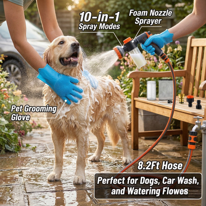 MALLMALL6 Dog Washing Hose attachment with Pet Grooming Glove & 2 Soap Dispenser 10-in-1 Spray Modes Foam Nozzle Sprayer with 8.2Ft Pup Washer Hose for Showering Pets Car Wash Watering Flowers
