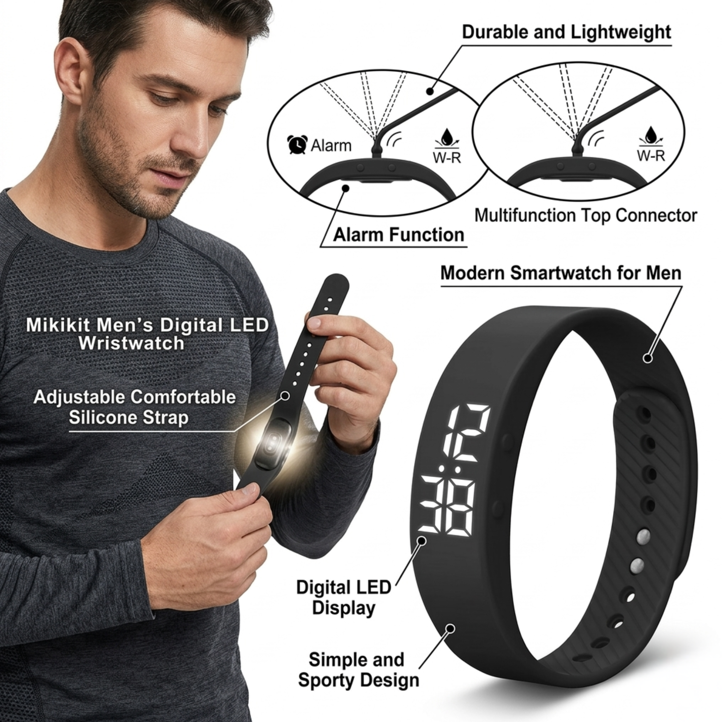 Mikikit Mens Wrist Wristwatch Bracelet Men Silicone Simple Sport Digital Watch Adjustable Smartwatch Men’s Watches for Strap LED Black Electronic Digital Alarm Clock