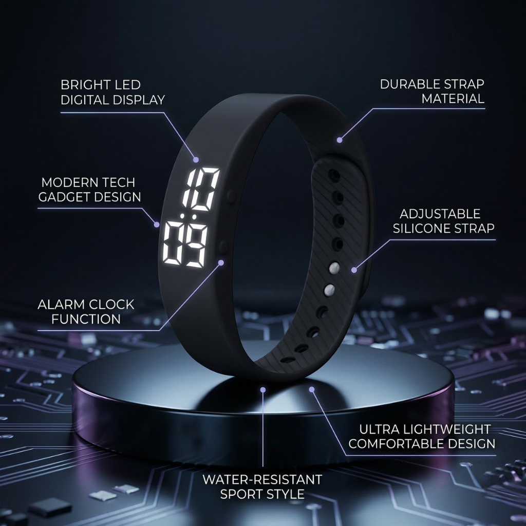 Mikikit Mens Wrist Wristwatch Bracelet Men Silicone Simple Sport Digital Watch Adjustable Smartwatch Men’s Watches for Strap LED Black Electronic Digital Alarm Clock