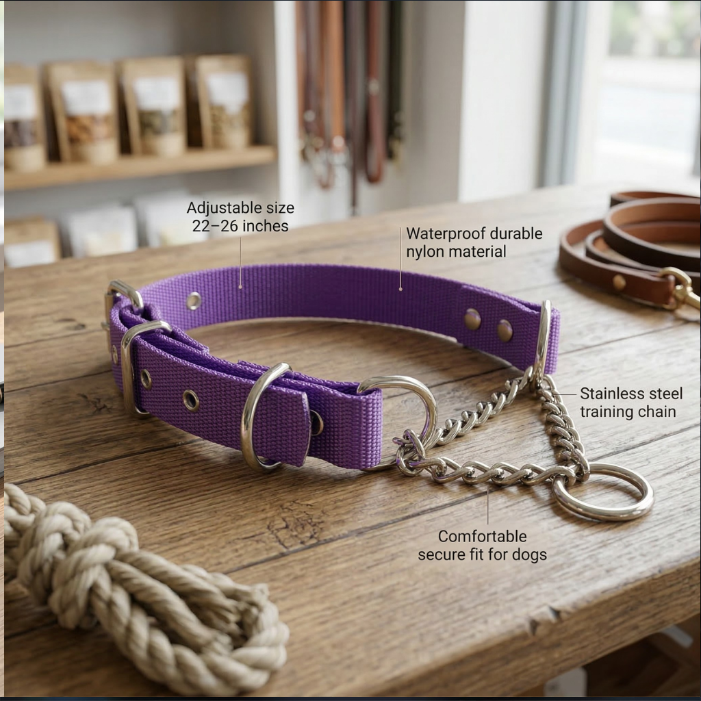 Adjustable Waterproof Martingale Half-Check Stainless Steel Chain Training Dog Collar (XL: 22"-26" Purple)