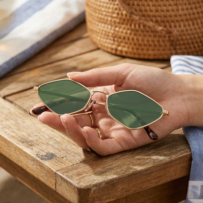 SOJOS Retro Small Polarized Sunglasses Womens Mens Vintage Narrow Irregular Shades UV400 SJ1233 with Gold/Green Lens