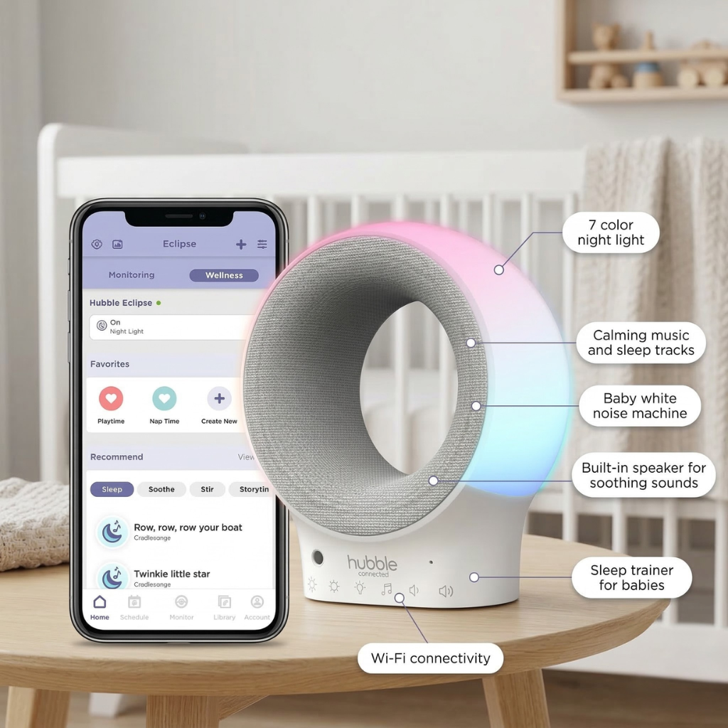 Hubble Eclipse Soother Kids & Baby Audio Monitor 7-Color Night Light Speaker with Calming Music & Sleep Tracks Baby White Noise Machine Sleep Trainer with Wi-Fi Connectivity