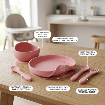 Generic Silicone Baby Feeding Set Baby Plates and Bowls Set Suction Plates for Baby Baby Feeding Essentials Baby Led Weaning Supplies Baby Plates with Suction Baby Utensils (Rose Pink) Regular