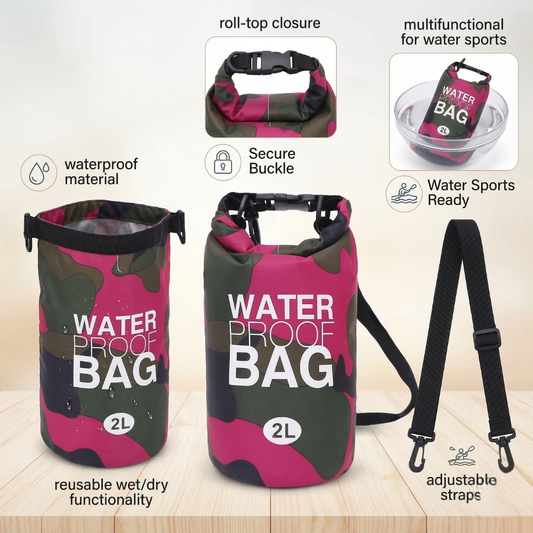 ALVABABY 2L Waterproof Dry Bag with Reusable Wet Dry Bag Multifunctional with Adjustable Straps Roll-Top Closure for Water Sports Boating Kayaking Swimming and Beach 2WFL01