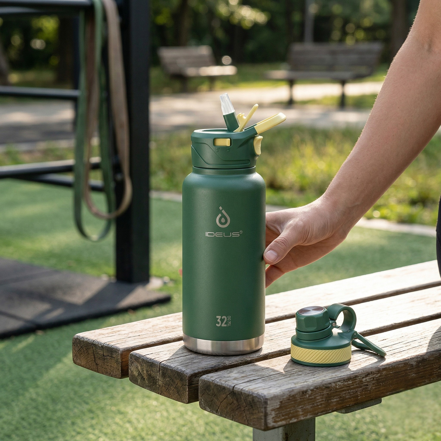 IDEUS Vacuum Insulated Water Bottle 32 oz Stainless Steel Water Bottles with Straw and Spout Lid Reusable Metal Water Bottle Leak Proof Gym Water Bottle BPA-Free(Green)