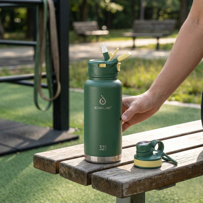 IDEUS Vacuum Insulated Water Bottle 32 oz Stainless Steel Water Bottles with Straw and Spout Lid Reusable Metal Water Bottle Leak Proof Gym Water Bottle BPA-Free(Green)