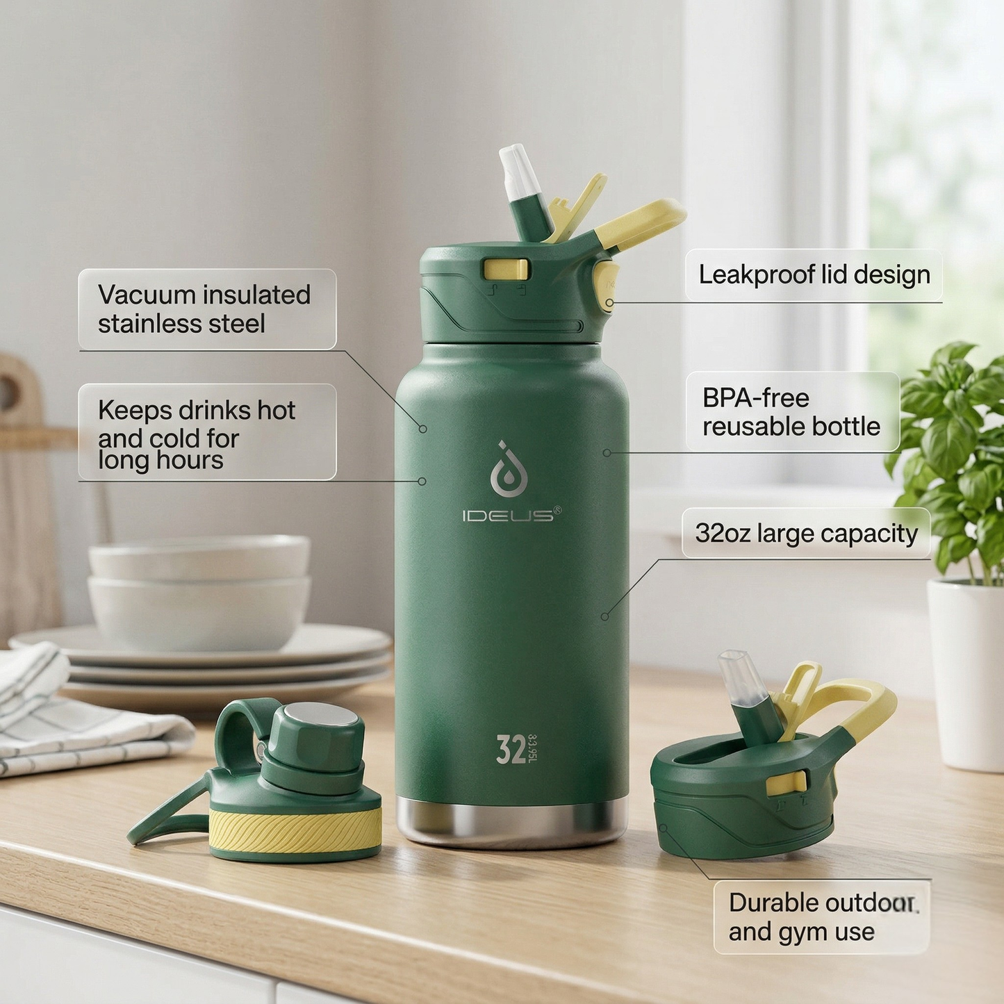 IDEUS Vacuum Insulated Water Bottle 32 oz Stainless Steel Water Bottles with Straw and Spout Lid Reusable Metal Water Bottle Leak Proof Gym Water Bottle BPA-Free(Green)