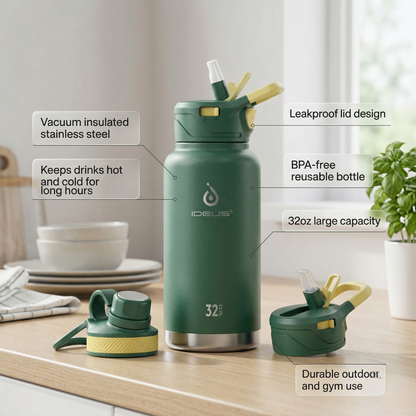 IDEUS Vacuum Insulated Water Bottle 32 oz Stainless Steel Water Bottles with Straw and Spout Lid Reusable Metal Water Bottle Leak Proof Gym Water Bottle BPA-Free(Green)