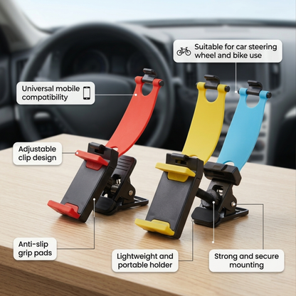 2PCS Adjust Car Steering Wheel Mobile Phone Holder Universal Cellphone Stand Mount Car Steering Wheel Bike Clip Mount Holder Mobile Phone GPS Stand
