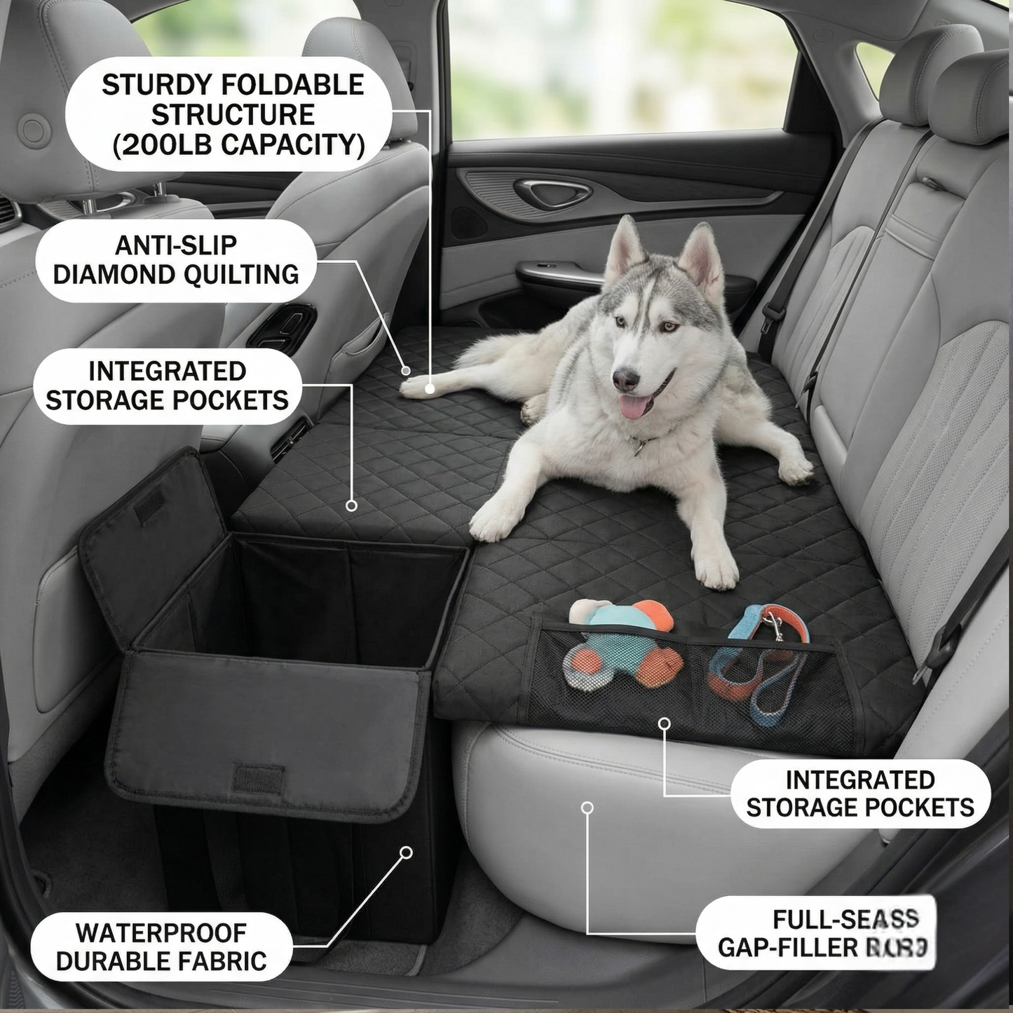 Mixsuper Liner Dog Car Seat Extender with Storage Car Back & Front Seat Extender for Dogs up to 200lbs Dog Seat Extender with Storage for Large & Small Dog Car Seat Gap Filler Black