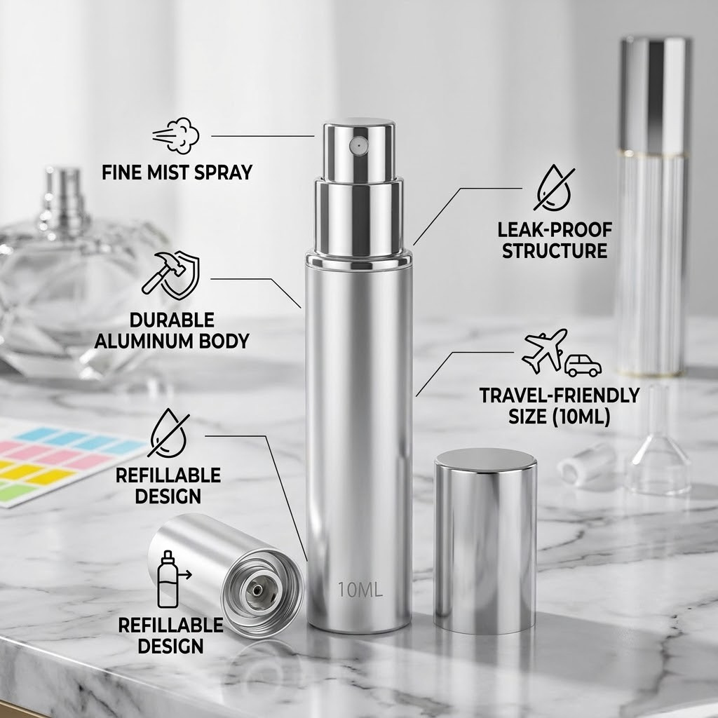 Squway 1PCS 10ml Travel Perfume Atomizer Refillable Bottom-Filling Portable Fragrances Cologne Spray Bottle Empty 0.34oz Travel Sprayer Perfume for Women Men Gift (Silver)