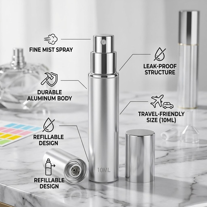 Squway 1PCS 10ml Travel Perfume Atomizer Refillable Bottom-Filling Portable Fragrances Cologne Spray Bottle Empty 0.34oz Travel Sprayer Perfume for Women Men Gift (Silver)