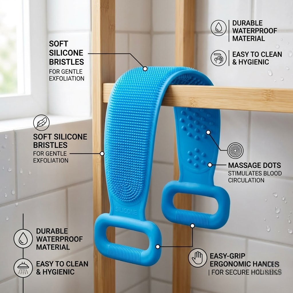 Silicone Back Scrubber Belt For Shower Exfoliating Foaming Body Wash Strap Brush Bristles Massage Dots