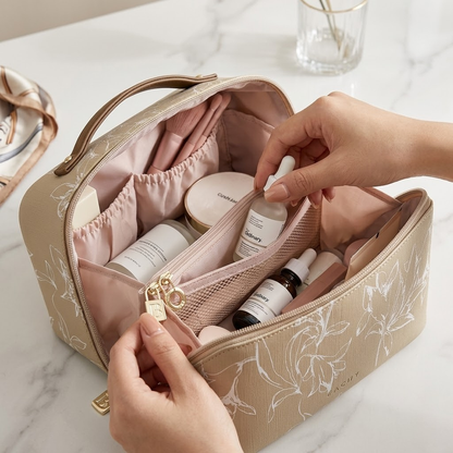 EACHY Travel Makeup BagLarge Capacity Cosmetic Bags for WomenWaterproof Portable Pouch Open Flat Toiletry Bag Pattern Makeup Bag AB-Brown Medium