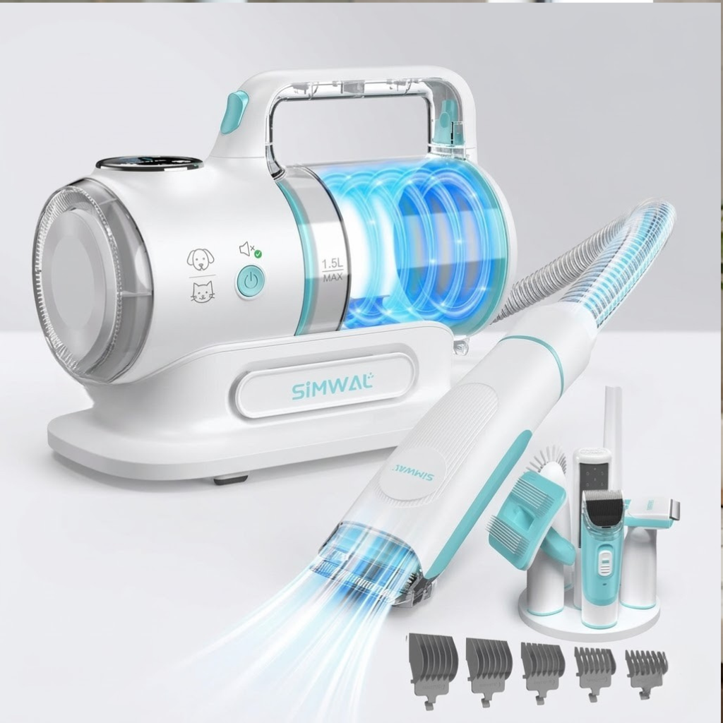 Dog Grooming Clippers Vacuum Kit - 11000PA Suction Powerful Dog Hair Vacuum - 6 in 1 Low Noise Cat Shedding Brush Trimmer Tool with 1.5L Dust Cup for Cleaning Pet Hair (6 Accessories)