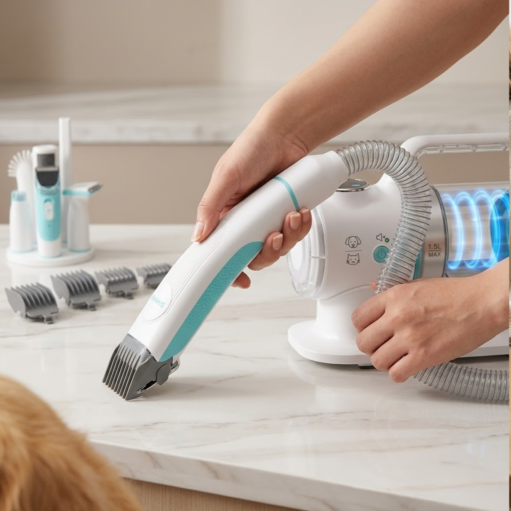 Dog Grooming Clippers Vacuum Kit - 11000PA Suction Powerful Dog Hair Vacuum - 6 in 1 Low Noise Cat Shedding Brush Trimmer Tool with 1.5L Dust Cup for Cleaning Pet Hair (6 Accessories)