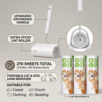 Sticky Lint Roller, 3 Pack Large Pet Hair Rollers Remover Set, 270 Sheets Extra Sticky Lint Roller With Upgraded Handle, Portable Cat And Dog Hair Remover For Carpet, Couch, Clothing And Bedding