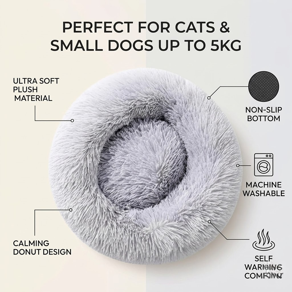 Cat Beds for Indoor Cats Dog Bed Machine Washable Fluffy Round Pet Bed Non-Slip Calming Soft Plush Donut Cuddler Cushion Self Warming for 5Kg Small Dogs Light Grey