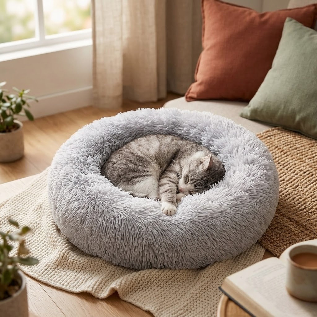 Cat Beds for Indoor Cats Dog Bed Machine Washable Fluffy Round Pet Bed Non-Slip Calming Soft Plush Donut Cuddler Cushion Self Warming for 5Kg Small Dogs Light Grey