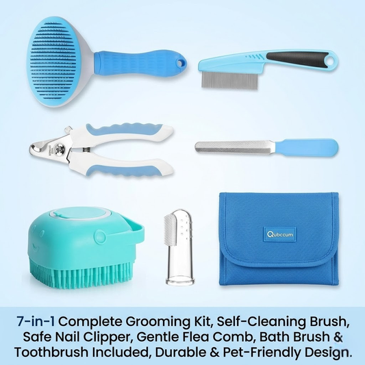 Qubccum 7pcs Pet Grooming Kit Self-Cleaning Brush Shedding Kit with Nail Clipper Flea Comb Shampoo Bath Brush Finger Toothbrush Storage Bag (Blue)