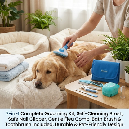 Qubccum 7pcs Pet Grooming Kit Self-Cleaning Brush Shedding Kit with Nail Clipper Flea Comb Shampoo Bath Brush Finger Toothbrush Storage Bag (Blue)