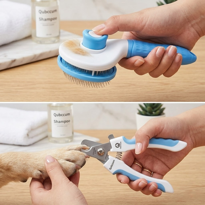 Qubccum 7pcs Pet Grooming Kit Self-Cleaning Brush Shedding Kit with Nail Clipper Flea Comb Shampoo Bath Brush Finger Toothbrush Storage Bag (Blue)