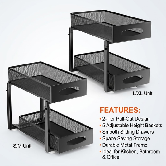 2Pcs Under Sink Organizer 2 Tier Pull Out Cabinet Baskets Storage Shelf Sliding Storage Drawers Rack With 5 Adjustable Height Mesh Baskets For Home Kitchen Bathroom Office