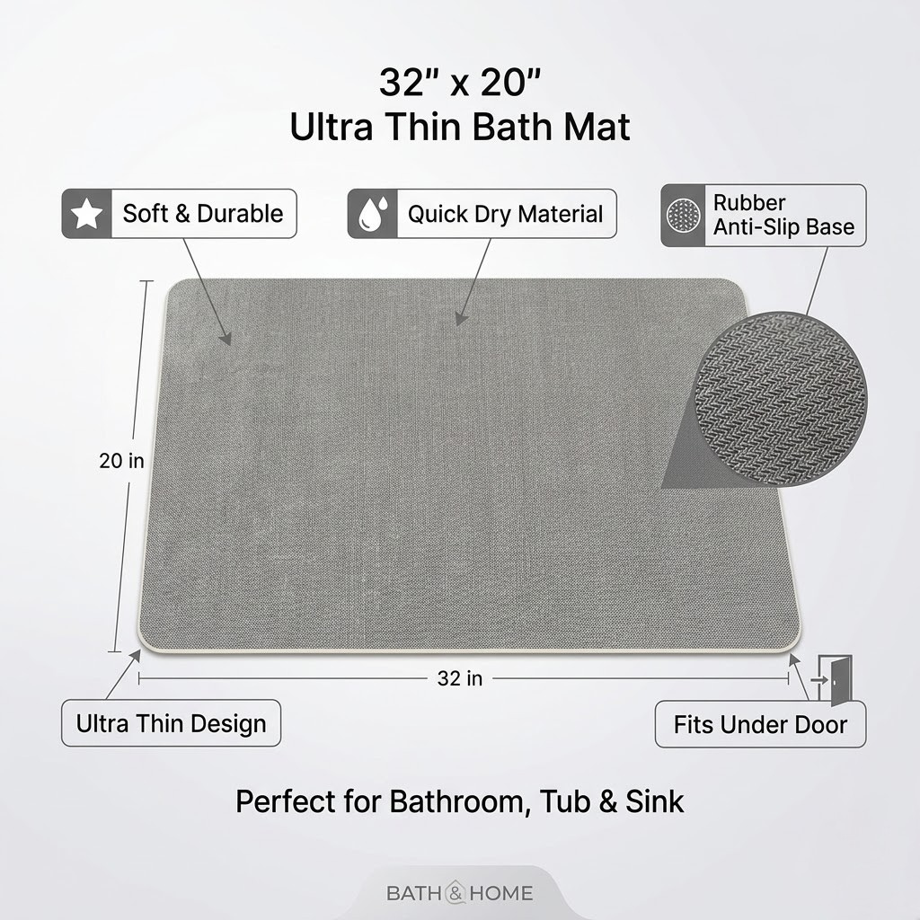 Sbhhome Thin Bath Mat 32x20 Rubber Anti-Slip Bathroom Mat Quick Dry Bath Mat Thin Bathroom Rugs Fit Under Door Bath Mats for Bathroom Floor Tub and Shower Sink Gray