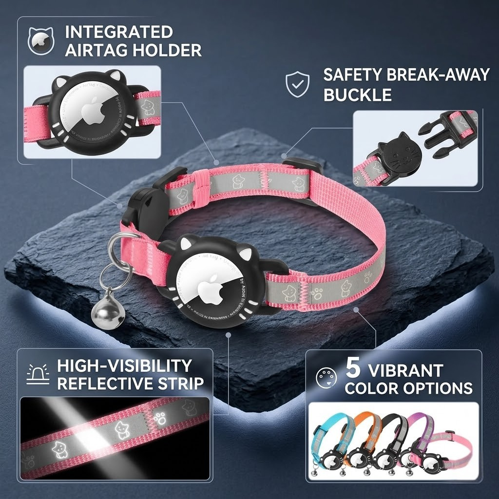 AgoumLux Airtag Cat Collar Reflective Cat Collar with Apple Air Tag Holder Breakaway GPS Tracker Pet Collar with Bell for Cat Kitten Pink S(9-11 Inch)