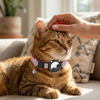 AgoumLux Airtag Cat Collar Reflective Cat Collar with Apple Air Tag Holder Breakaway GPS Tracker Pet Collar with Bell for Cat Kitten Pink S(9-11 Inch)