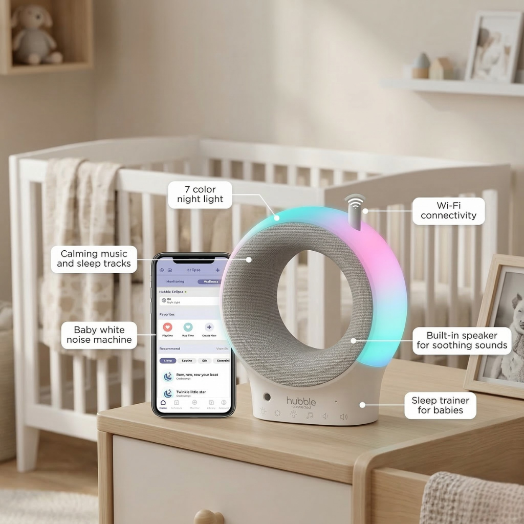 Hubble Eclipse Soother Kids & Baby Audio Monitor 7-Color Night Light Speaker with Calming Music & Sleep Tracks Baby White Noise Machine Sleep Trainer with Wi-Fi Connectivity