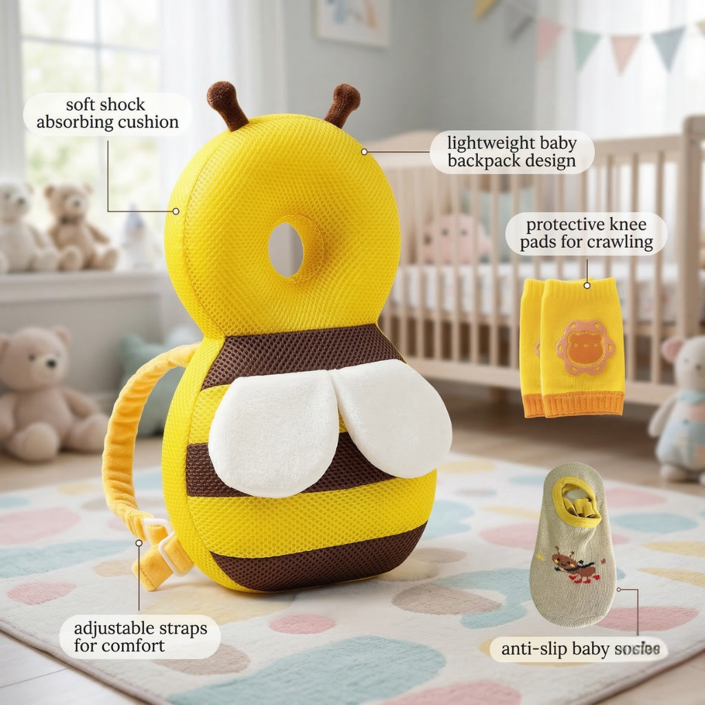 Baby Head ProtectorInfant Fall Protection Baby Head Protector Cushion Backpack with Baby Knee Pads Anti Slip Socks for Walking & Crawling (Yellow Bees)