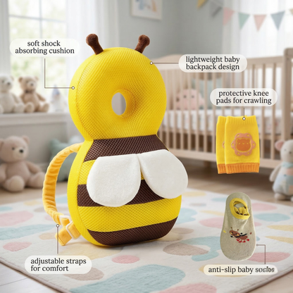 Baby Head ProtectorInfant Fall Protection Baby Head Protector Cushion Backpack with Baby Knee Pads Anti Slip Socks for Walking & Crawling (Yellow Bees)