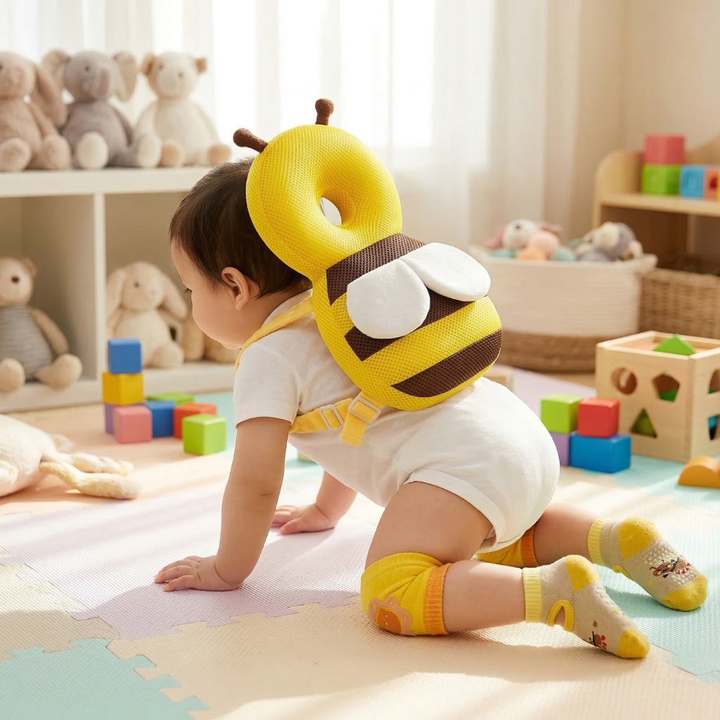 Baby Head ProtectorInfant Fall Protection Baby Head Protector Cushion Backpack with Baby Knee Pads Anti Slip Socks for Walking & Crawling (Yellow Bees)